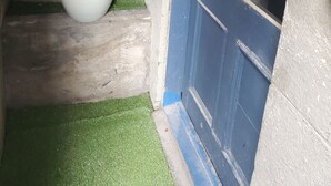 Un rincón con una puerta azul, una planta en maceta y un pequeño pedazo de césped artificial.