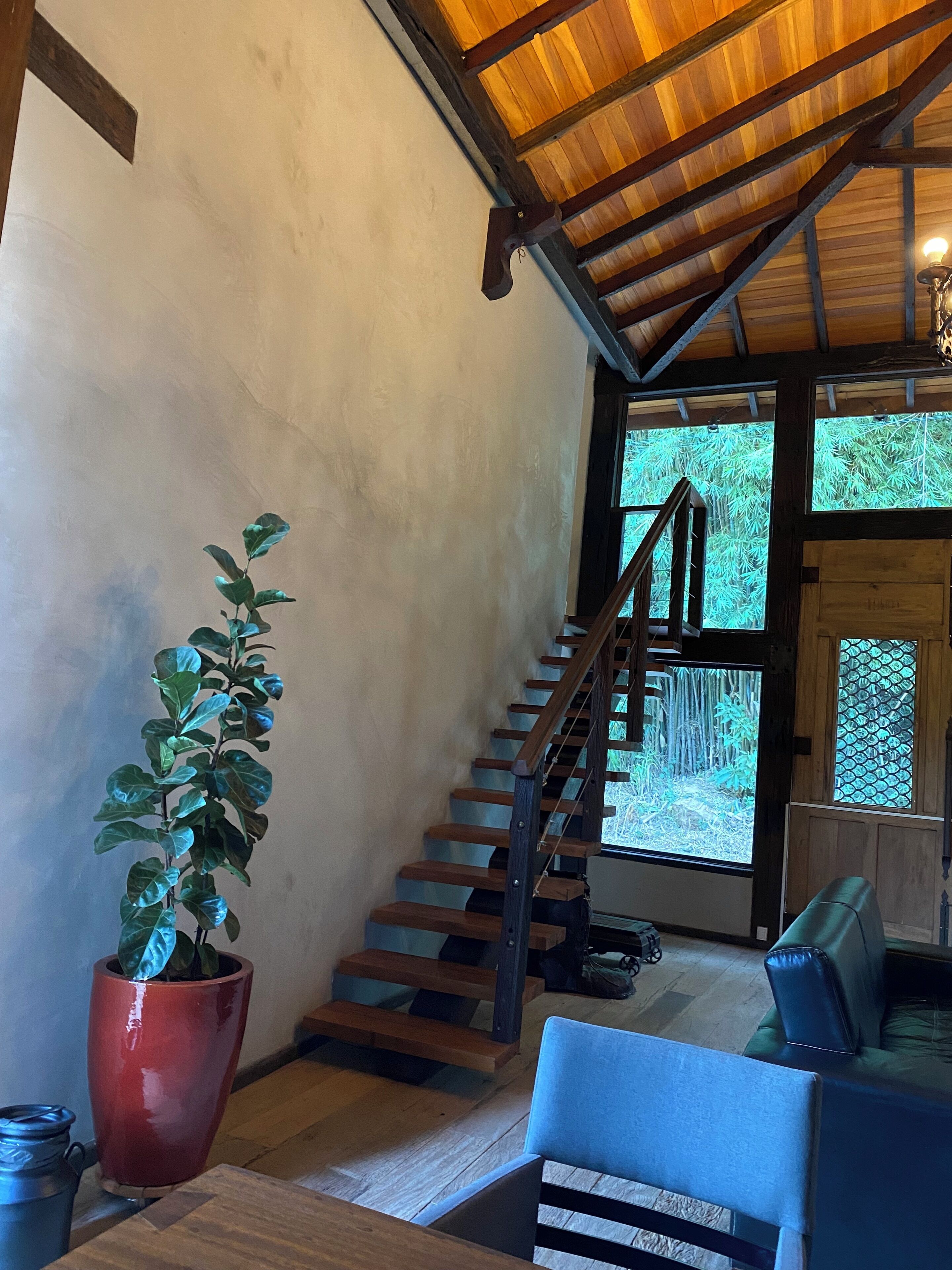 A staircase leading to a second floor, a potted plant, and a seating area with a view of greenery outside.