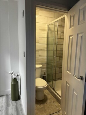 Apartamento | Banheiro | Chuveiro, secador de cabelo, toalhas de banho, papel higiênico
