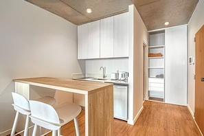 Fridge, microwave, coffee/tea maker, toaster