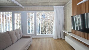 A modern living room with a sofa, a flat-screen TV mounted on a wooden panel, and large windows with curtains. - "Tu Hogar Temporal en Belgrano" (Ciudad Autónoma de Buenos Aires)