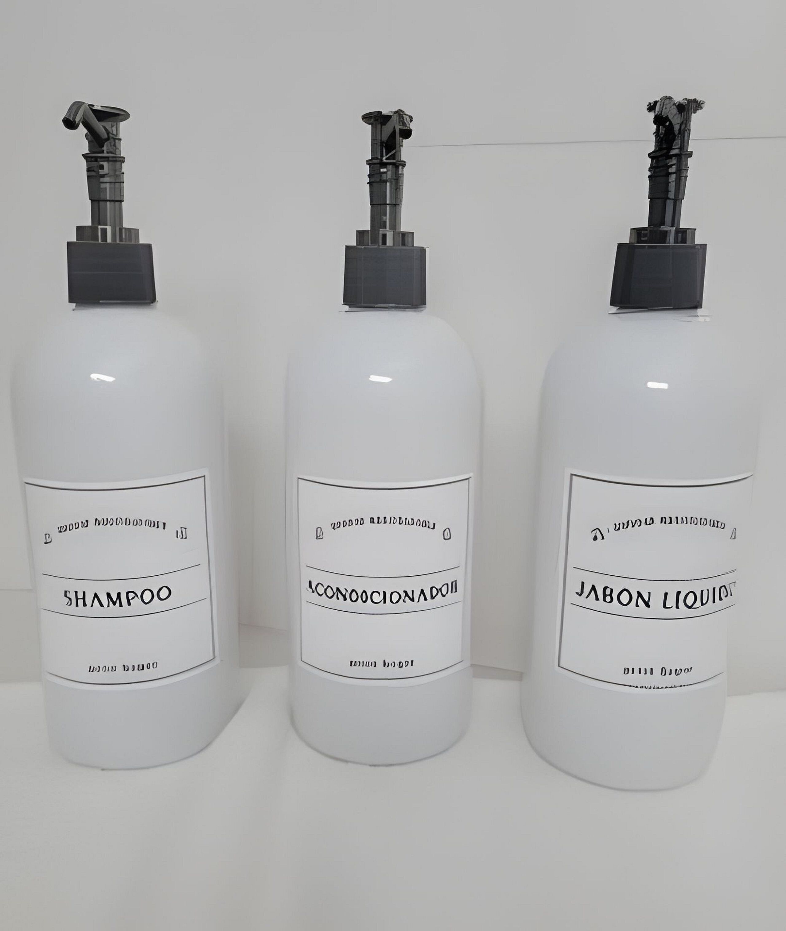 Three bottles of liquid products labeled as shampoo, conditioner, and liquid soap.