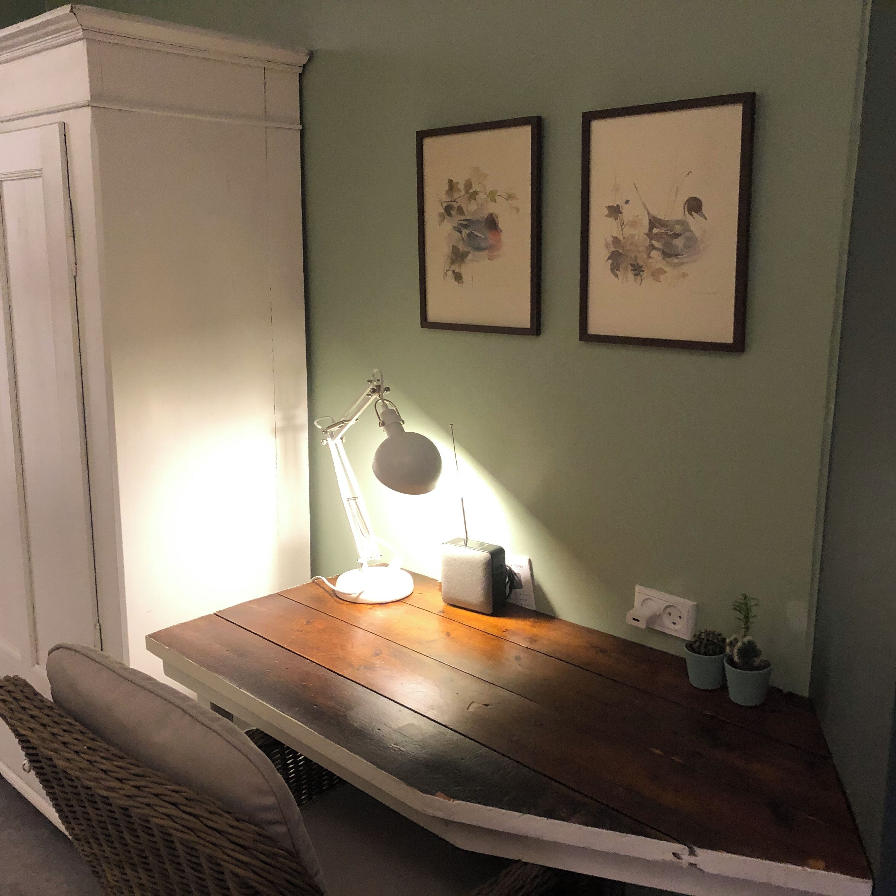 A wooden desk with a lamp, two framed artworks, and two small potted plants.