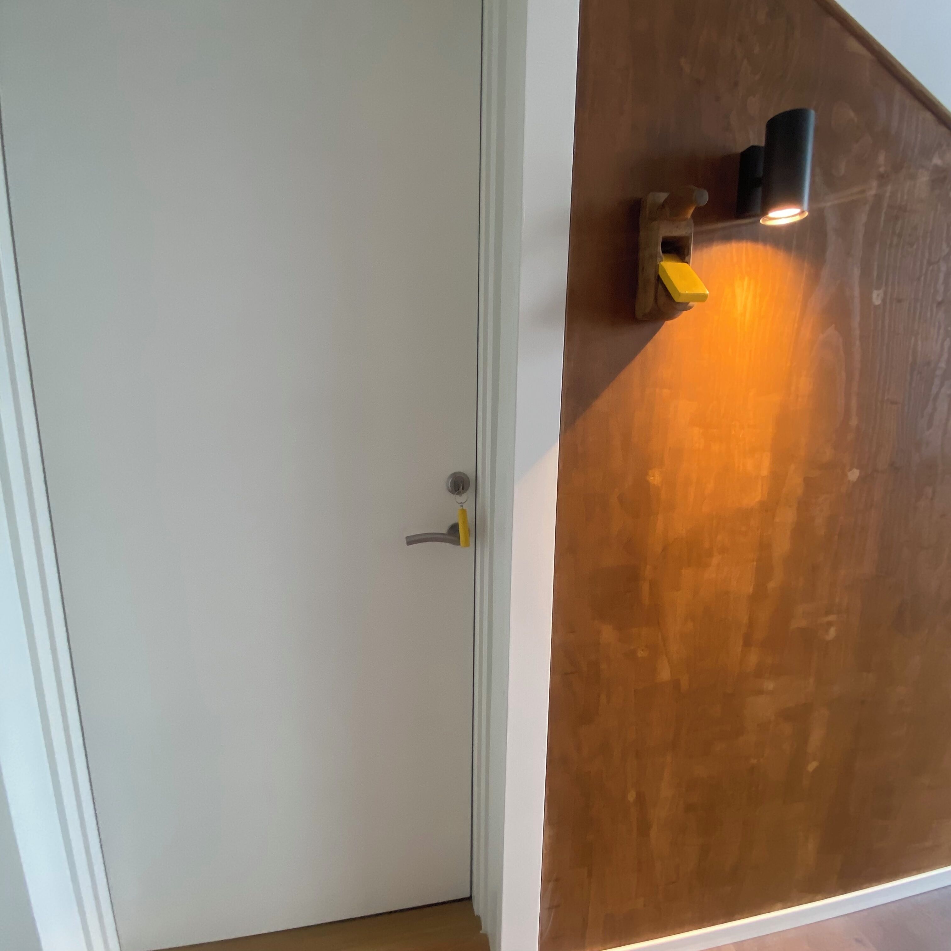 A door with a handle and a light fixture mounted on the wall beside it.