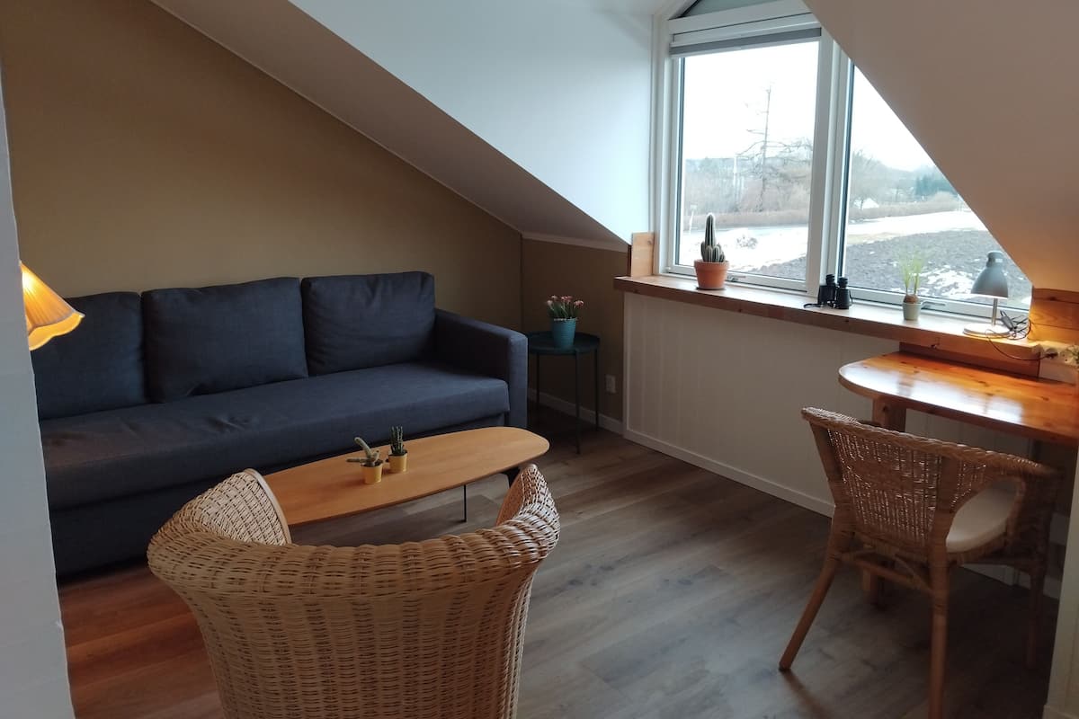 Ein gemütliches Schlafzimmer im Loft-Stil mit einem dunkelblauen Sofa, einem kleinen Holztisch, Korbstühlen und einem Fenster mit Blick auf eine verschneite Landschaft.