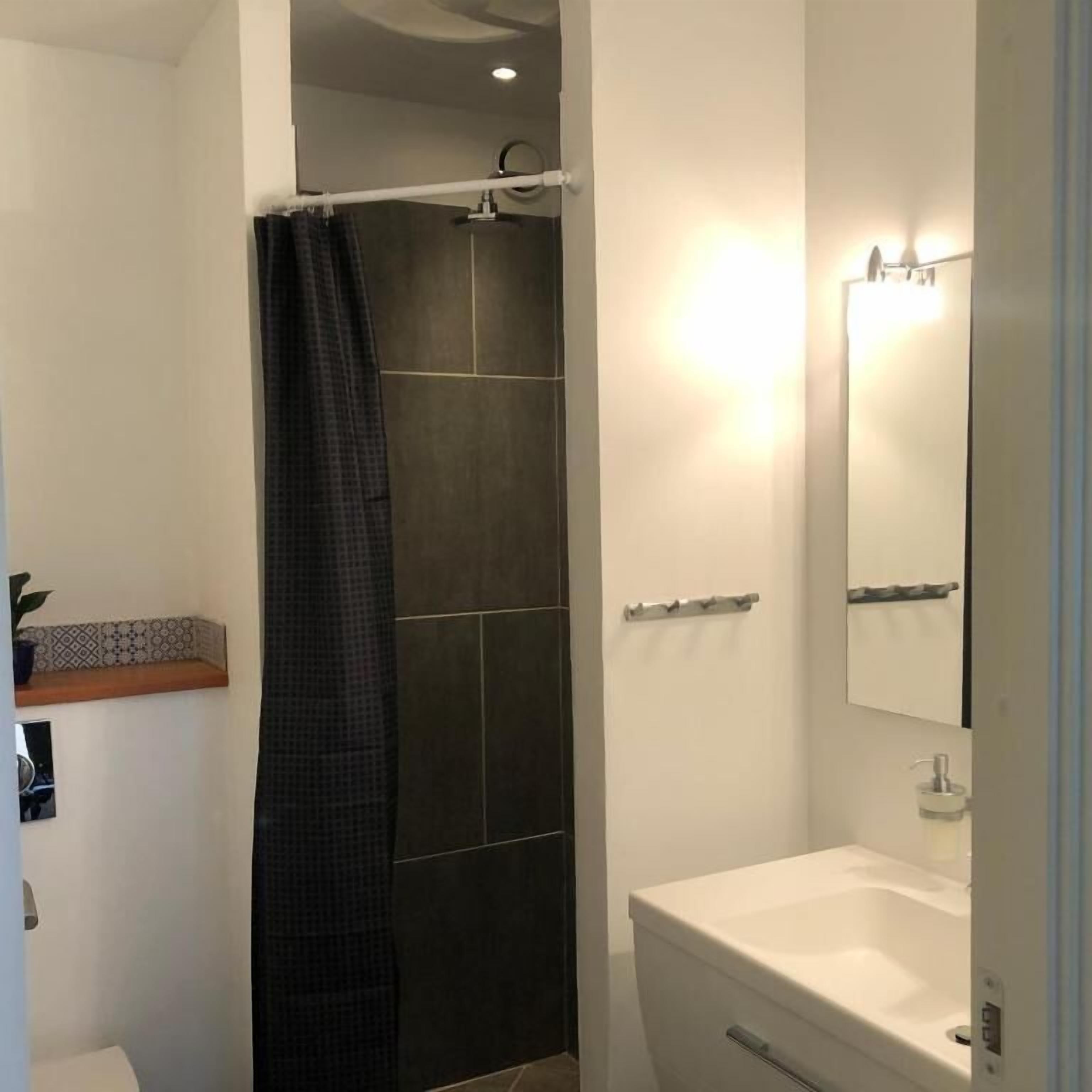 Une salle de bain avec une douche, un lavabo et un miroir.