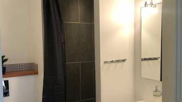 Une salle de bain avec une douche, un lavabo et un miroir.