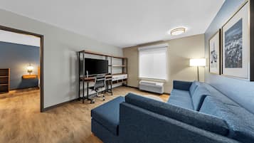 Desk, laptop workspace, blackout curtains, free WiFi