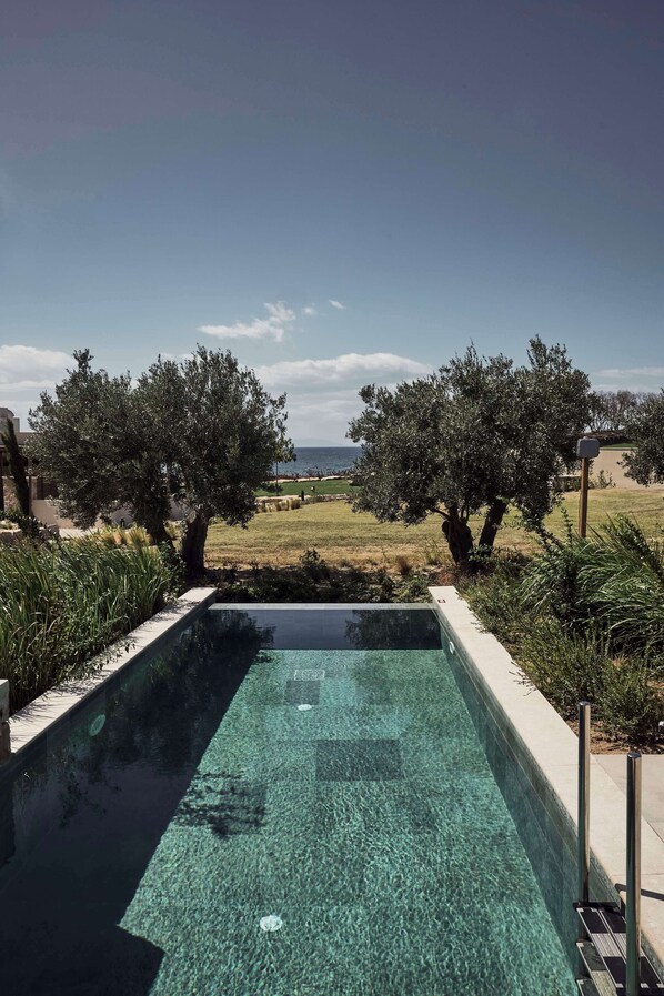 Piscina cristalina con vista al mar, rodeada de árboles y césped.