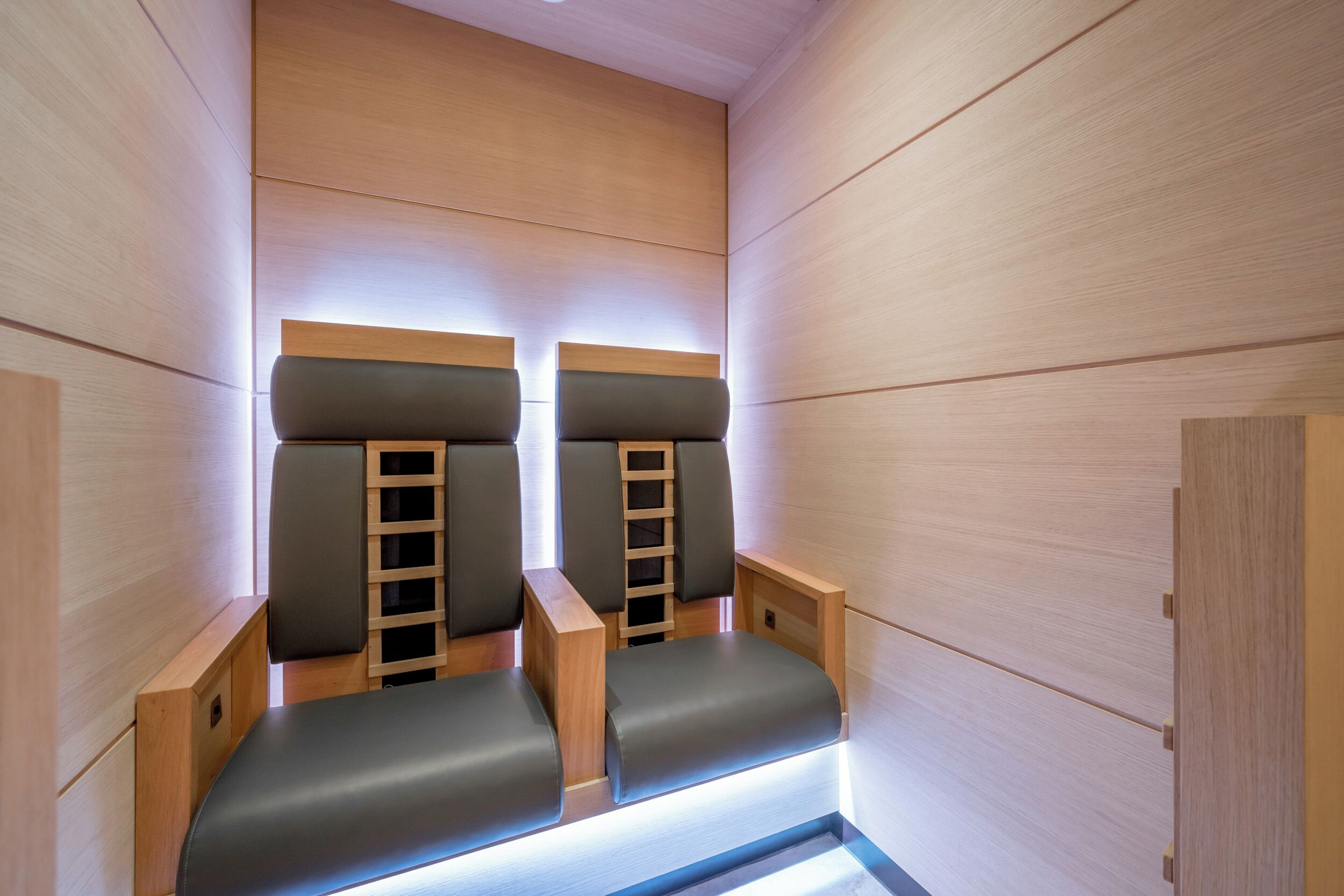 A sauna room with two wooden benches and a wooden ladder.