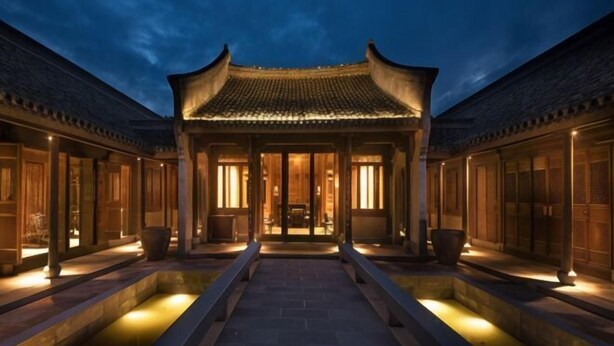 A traditional courtyard with a tiled roof, wooden columns, and a central seating area. - GRAND HOUSE NINGBO (Ningbo)