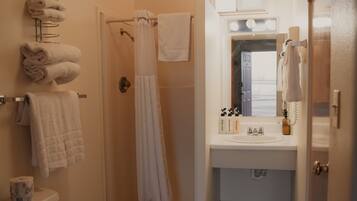 Shower, free toiletries, hair dryer, towels