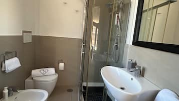Shower, hair dryer, bidet, towels