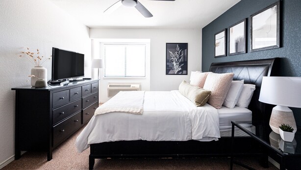 A modern bedroom with a bed, a dresser, a TV, and a ceiling fan. - Cozy Studio Unit in DTC (Greenwood Village)