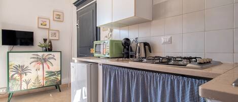 Fridge, microwave, stovetop, coffee/tea maker