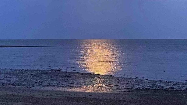 A beach scene with a calm sea reflecting the moonlight. - Mersea Island Retreat - 4 Bedroom House (Colchester)