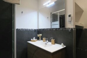 Shower, hair dryer, bidet, towels