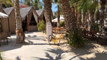 På stranden, liggestole, parasoller, badehåndklæder