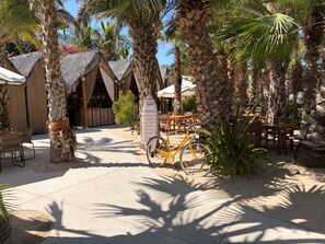 En la playa, sillas reclinables de playa, sombrillas, toallas de playa