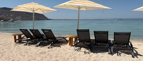 On the beach, sun-loungers, beach umbrellas, beach towels
