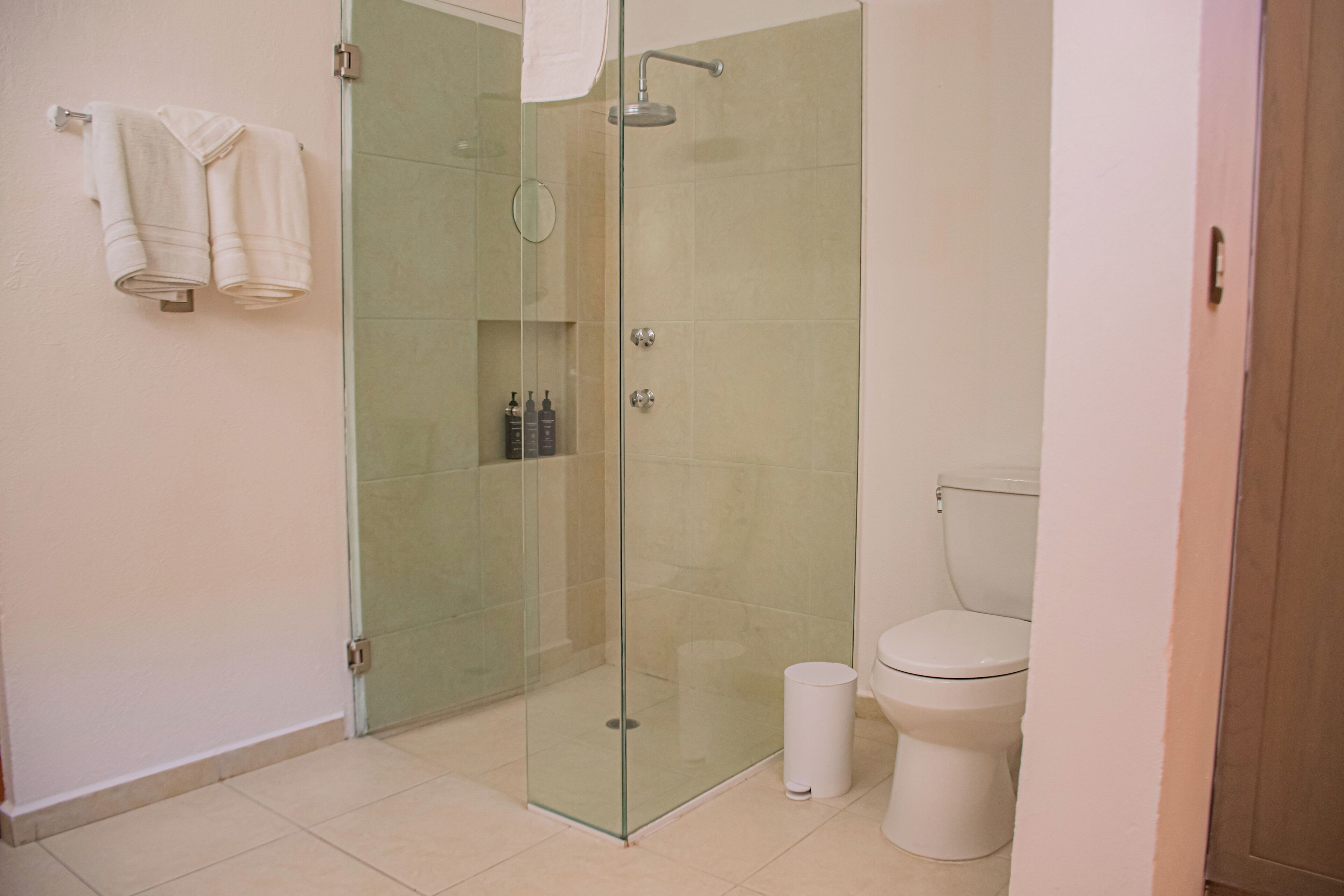 A bathroom with a glass-enclosed shower, a toilet, and a towel rack with towels.