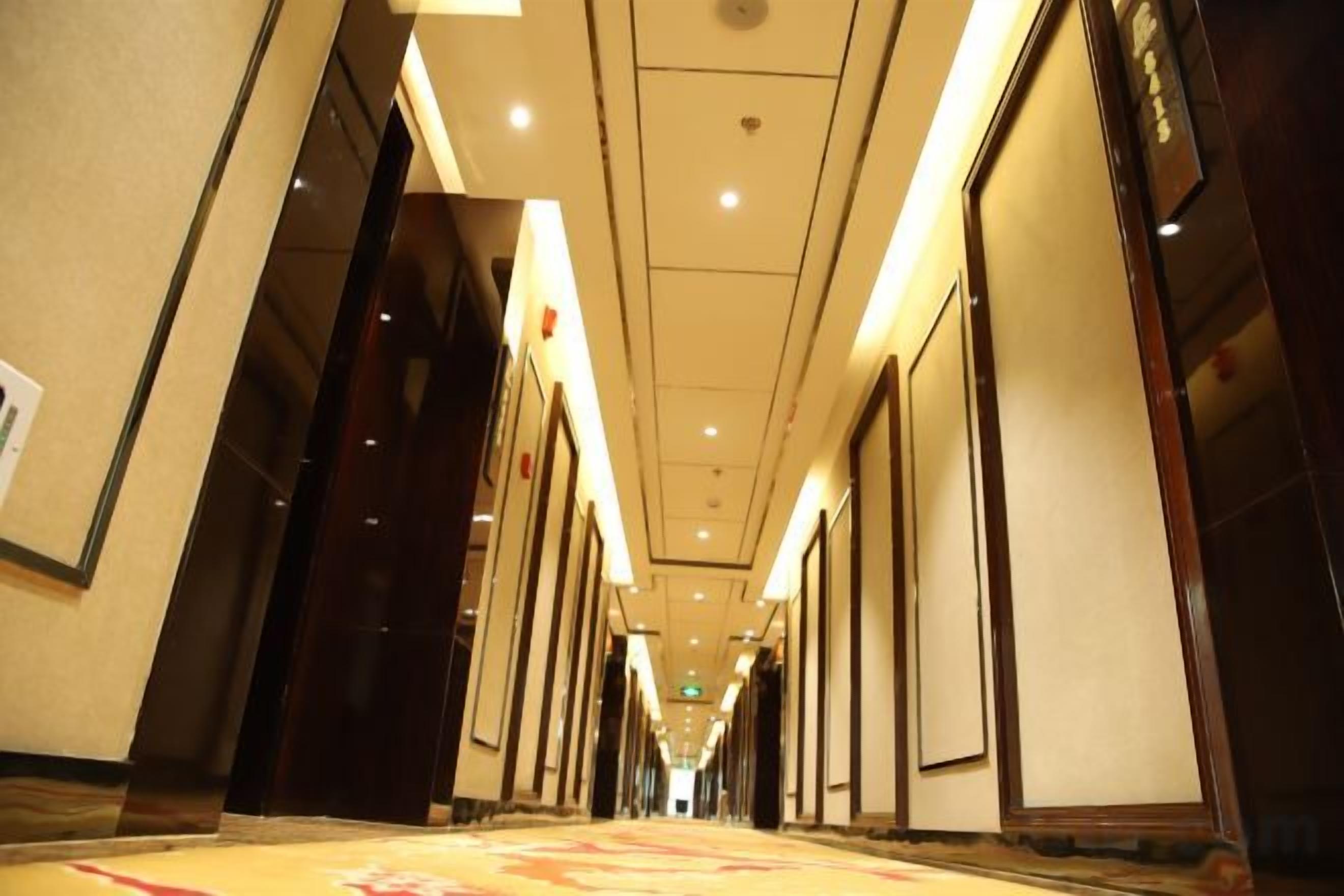 Un corridoio d'albergo con porte su entrambi i lati, illuminazione a soffitto e pavimento rivestito di moquette.