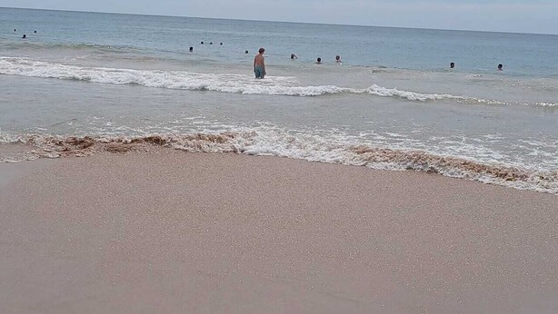 Une plage où l’on voit des gens se baigner et se promener le long du rivage.
