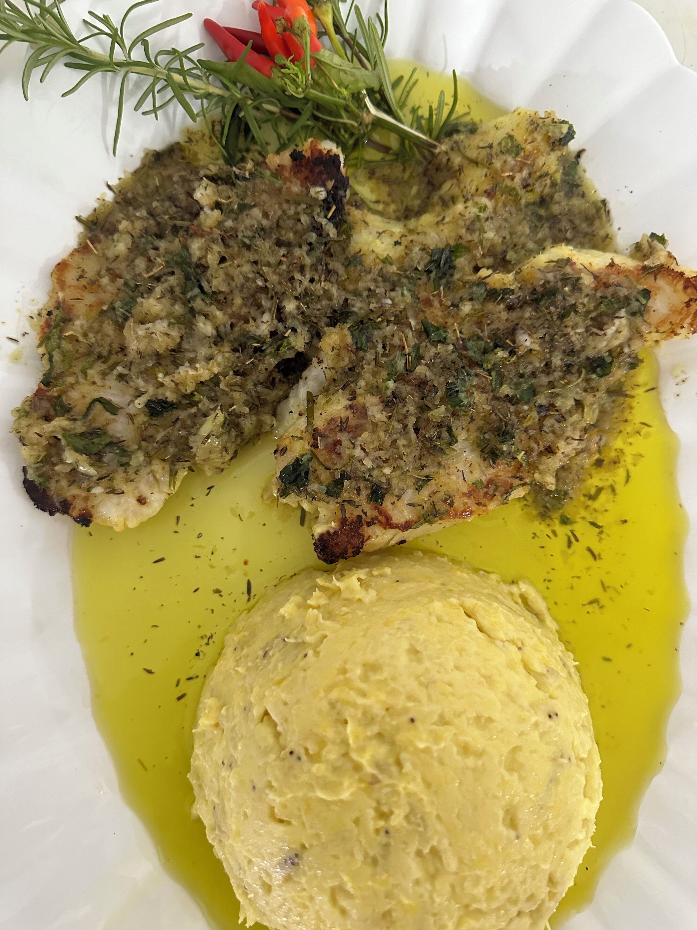 A plate with a fish fillet, a dollop of yellow sauce, and some herbs.