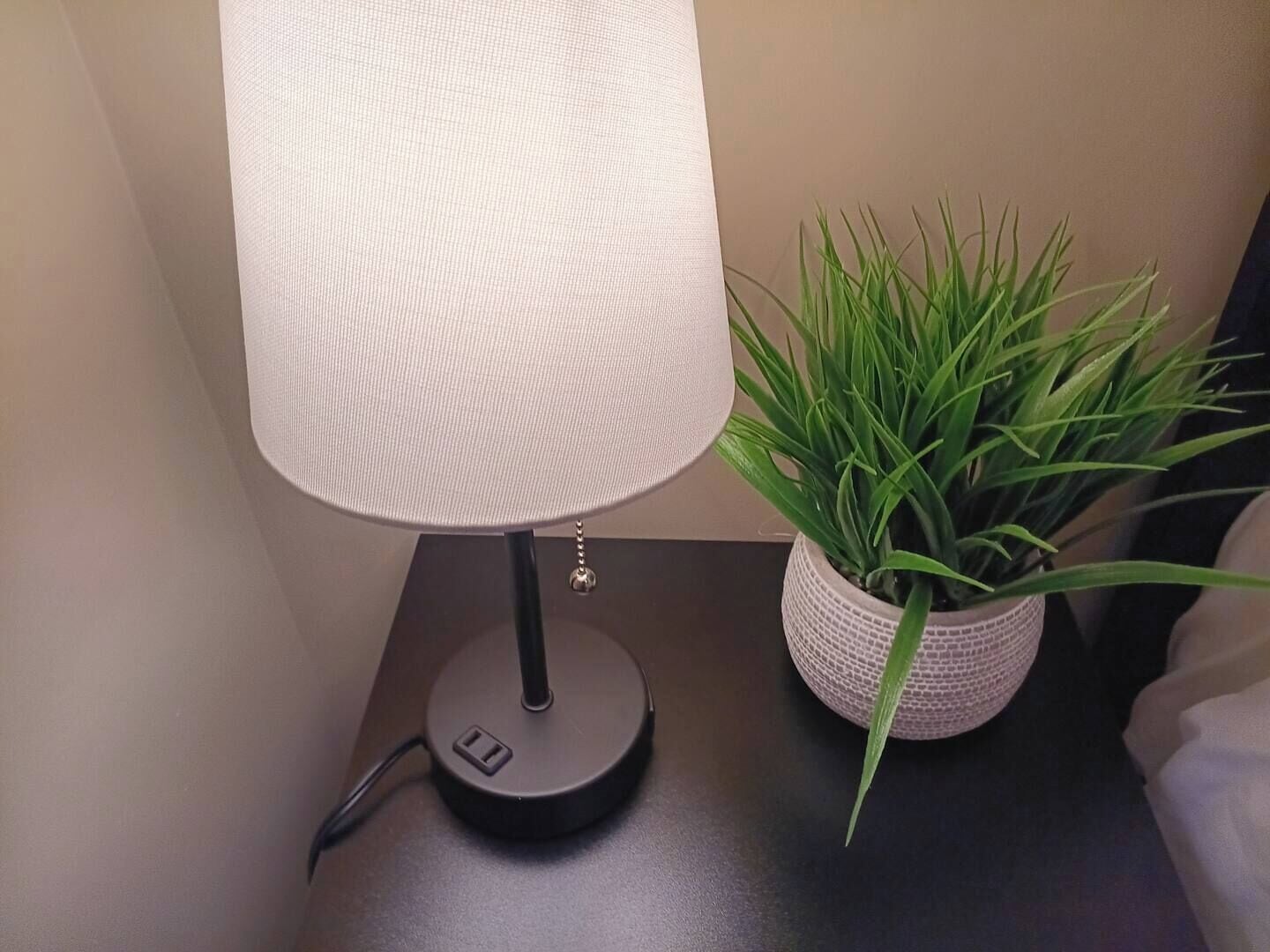 Una lámpara de mesa con pantalla texturizada y cable de alimentación, junto a una planta en maceta con hojas verdes largas.