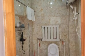 Une salle de bain équipée de toilettes, d’un porte-serviettes, d’une douche et d’un sèche-mains.
