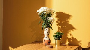 A wooden table with a vase of flowers and a small potted plant. - Charming studio with reading nook & city view (Nicosia)