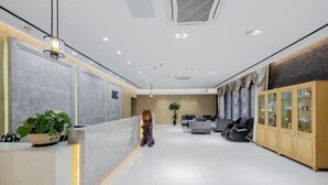 Una moderna hall d'albergo con reception, area salotto e mobiletto con ante in vetro.