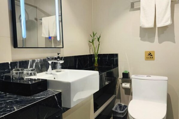 Une salle de bain avec un lavabo blanc, un plan de toilette en marbre noir, un miroir, des toilettes et une petite plante.