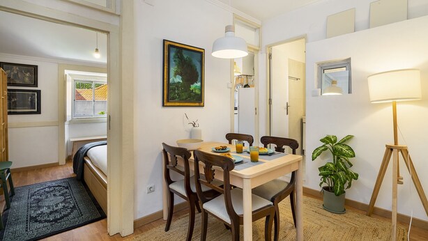 Ein Essbereich mit Tisch, Stühlen, einer Topfpflanze und einer Lampe.