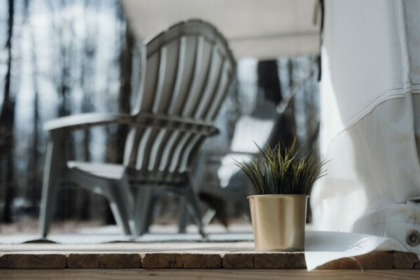 A chair and a potted plant on a wooden ledge.