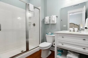 Hair dryer, towels, soap, shampoo
