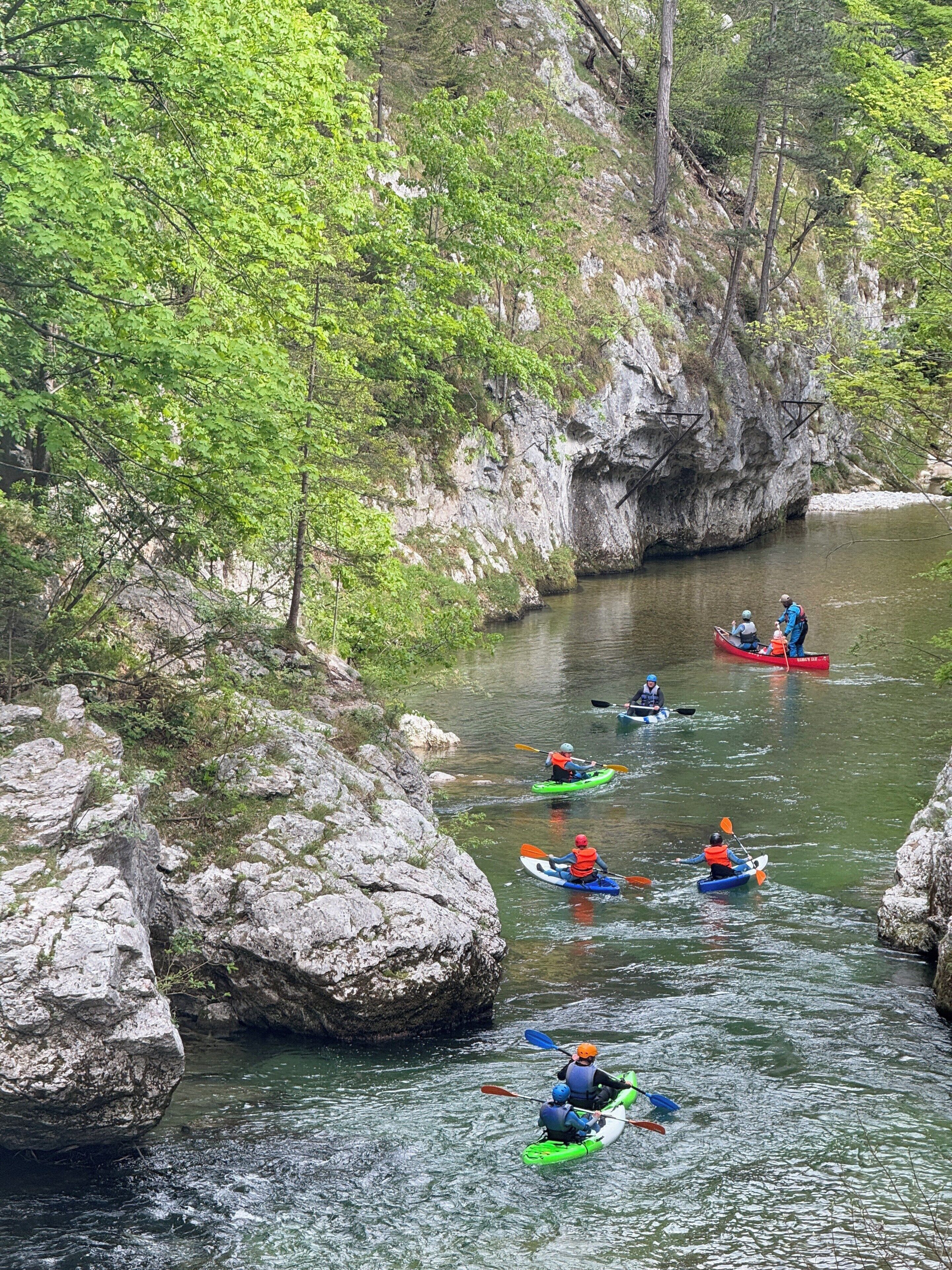 A group of kayakers on a river surrounded by rocky cliffs and greenery.