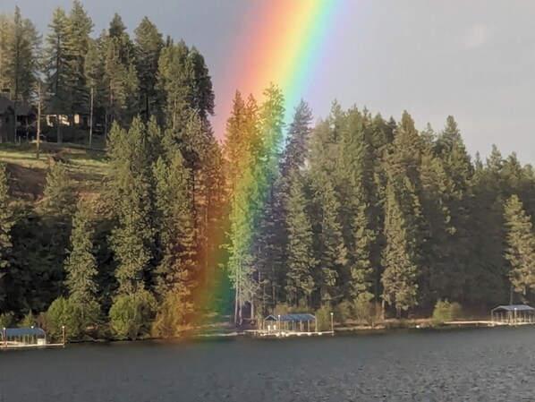 Un lago con un arcoíris, rodeado de un bosque denso y algunos edificios.