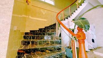 Un escalier en marbre avec une rampe en verre, une main courante en bois et une grande plante à sa base.