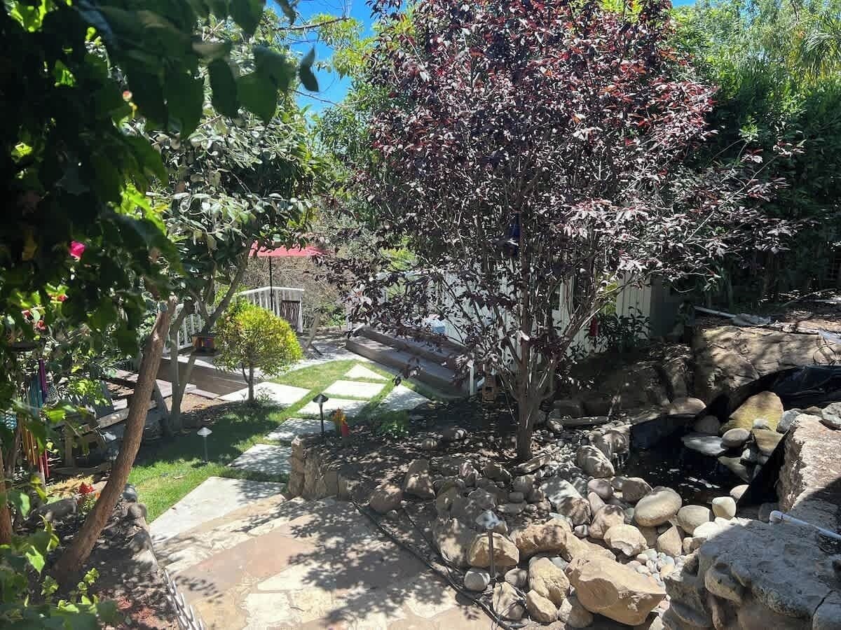 A garden with a tree, a stone pathway, and a small stream.