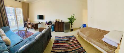 A room with a sofa, a bed, a desk with a chair, a television, a potted plant, and a window with curtains.