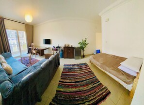 A room with a sofa, a bed, a desk with a chair, a television, a potted plant, and a window with curtains. - Madinaty (New Cairo)