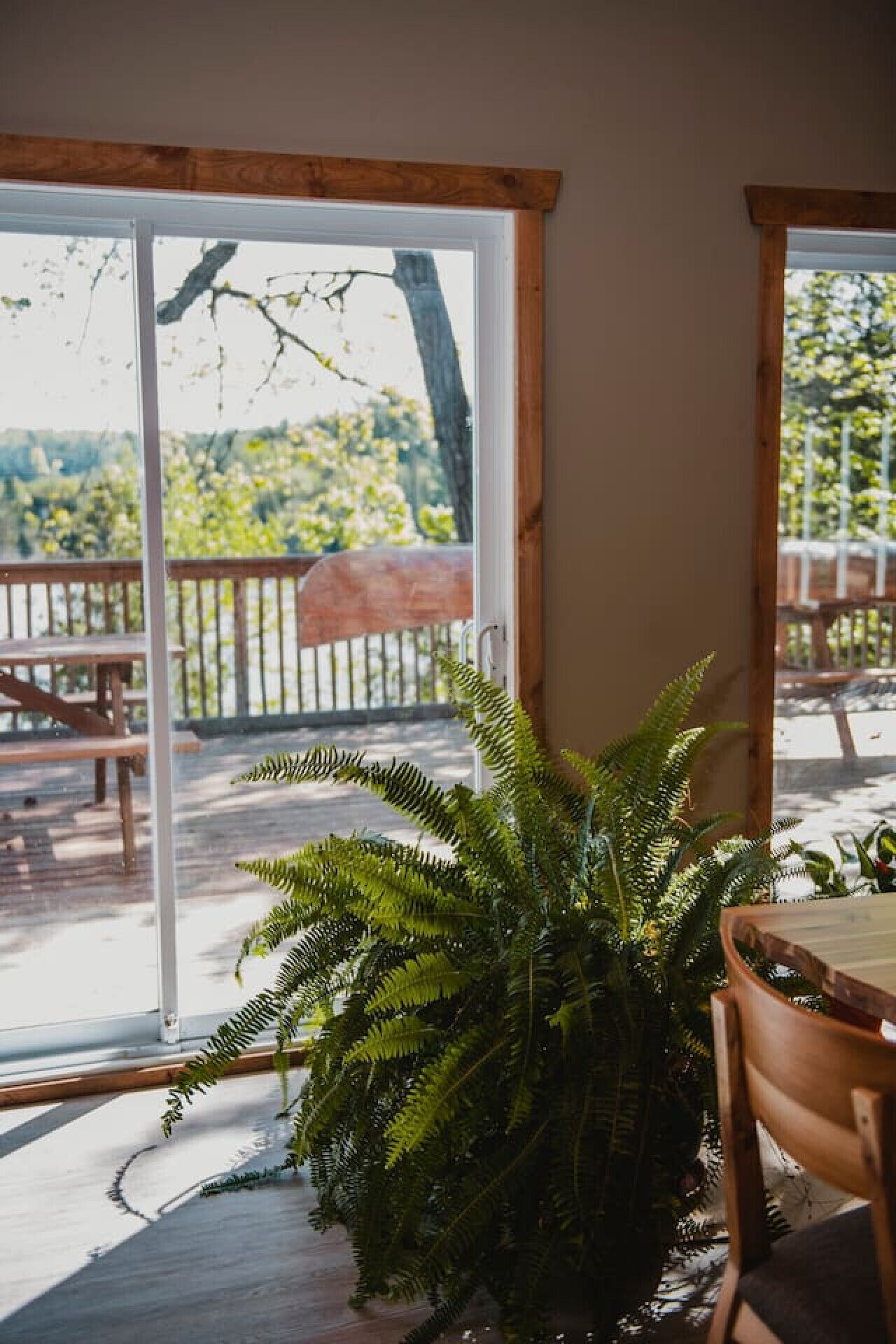 A room with a large sliding glass door leading to an outdoor deck with wooden furniture and a fern plant.