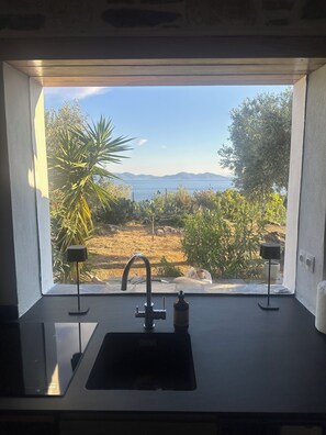 Une cuisine donnant sur un jardin et un plan d’eau.