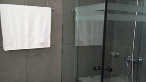 A modern bathroom with a glass-enclosed shower, a toilet, and a sink.