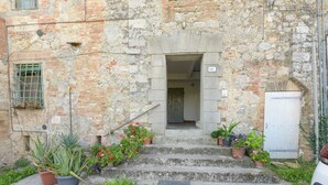 Ein Steinhaus mit verwitterter Fassade, eine Treppe aus Beton, die zu einer Tür führt, und Blumentöpfe am Eingang.