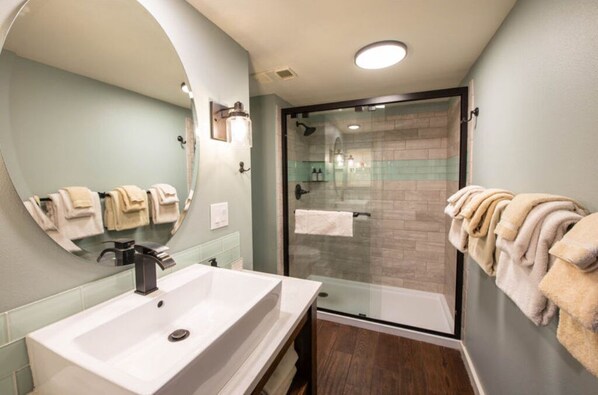 Hair dryer, towels, soap, toilet paper