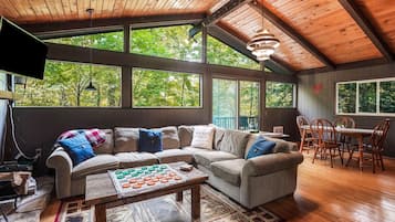 TV, fireplace, DVD player, books