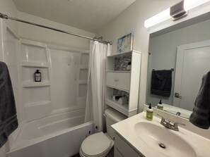Hair dryer, towels, soap, shampoo