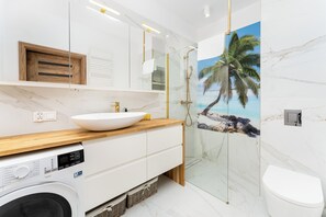 Shower, hair dryer, towels, soap